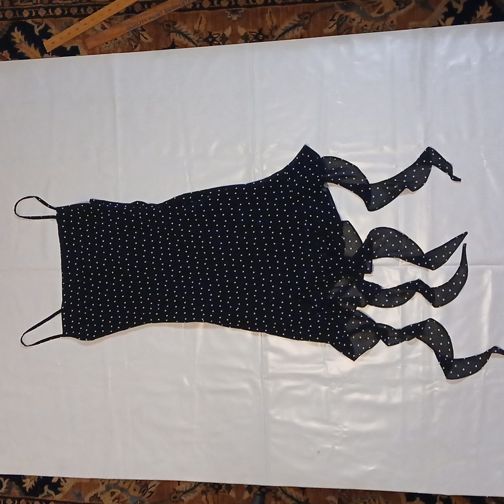 WITCHCRAFT! A size M body con ragged hem dress by JS, black w/white polka dots.